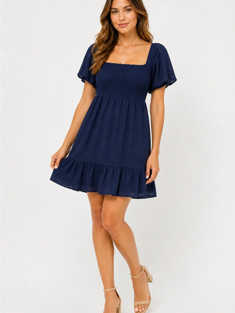 SHEIN Navy Smocked Square Neck Ruffle Mini Dress